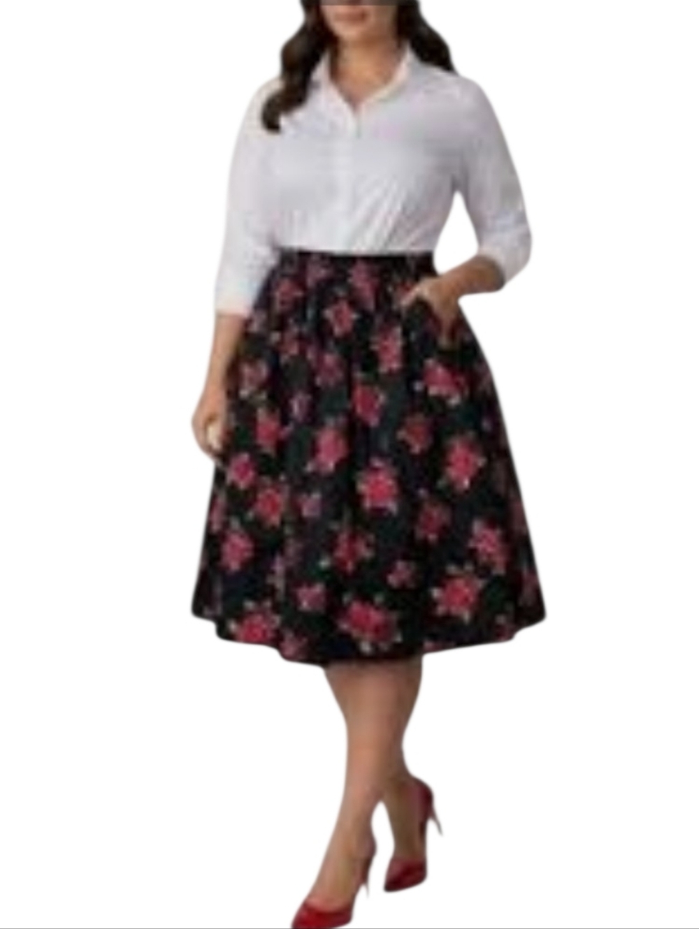 City Chic A-Line Midi Skirt Plus Size 22 Floral Red Roses Whimsigoth Pin-up Girl